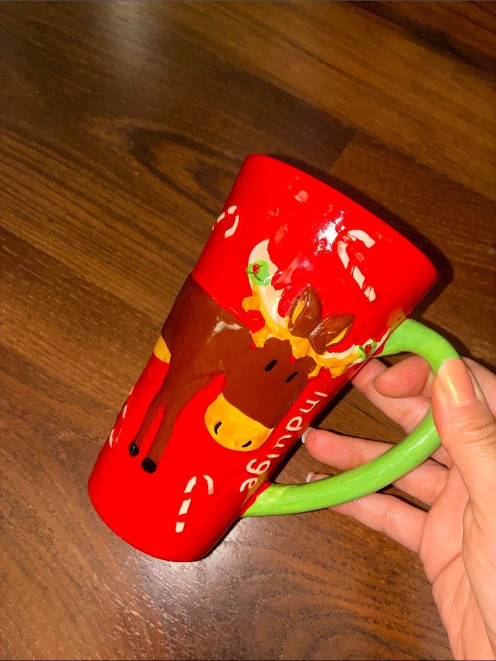 Vintage 3D Christmas Holiday Reindeer Red Ceramic Mug with Green Handle